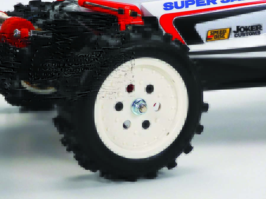 These plastic wheels and Super Gripper oval block tires are 100% classic Tamiya.