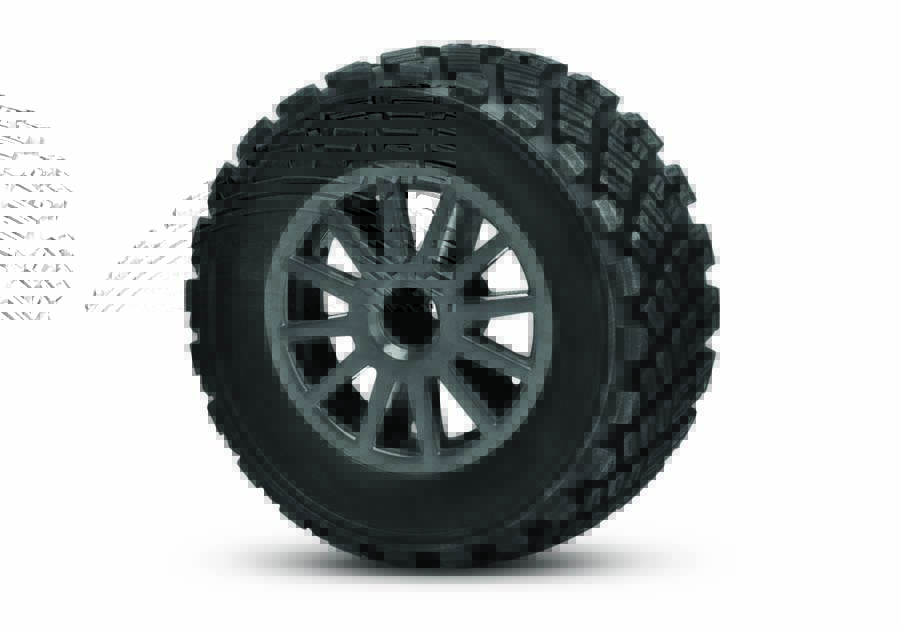 The Fiesta ST Rally’s 12-spoke wheels come mounted with 2.2” gravel pattern directional with foam inserts.