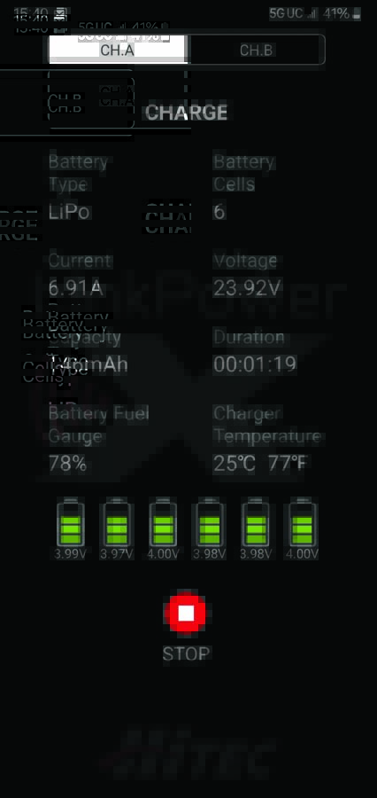 Screen shot of the Hitec app on my smartphone; shown is the charging cycle. It also sends a handy push alert when the charge or whatever function you are running is completed.