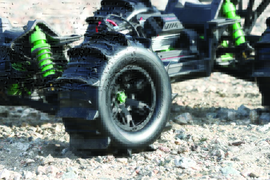 We added Traxxas paddle tires to this XRT to better take on the loose terrain we drove it on.